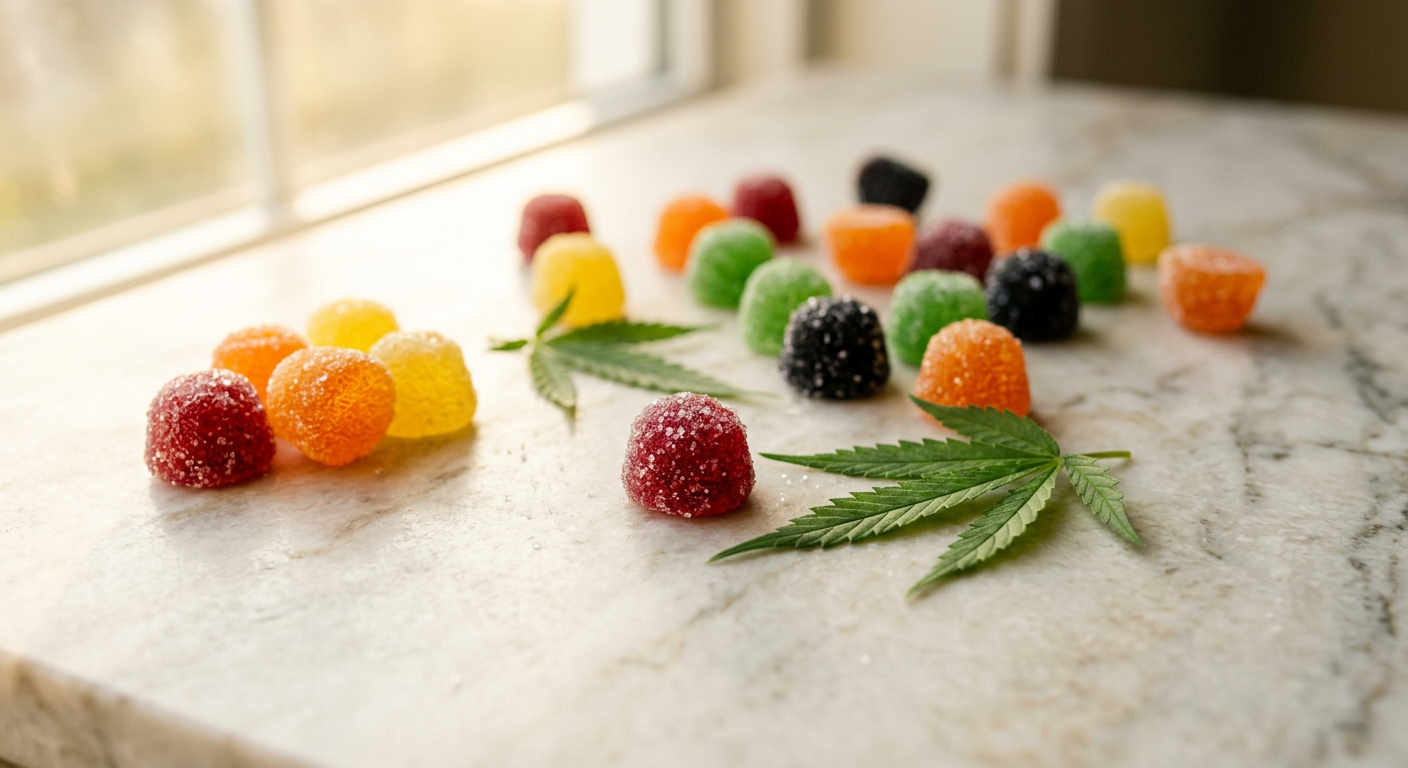 Colorful Golden Touch gummies with hemp leaves in natural light